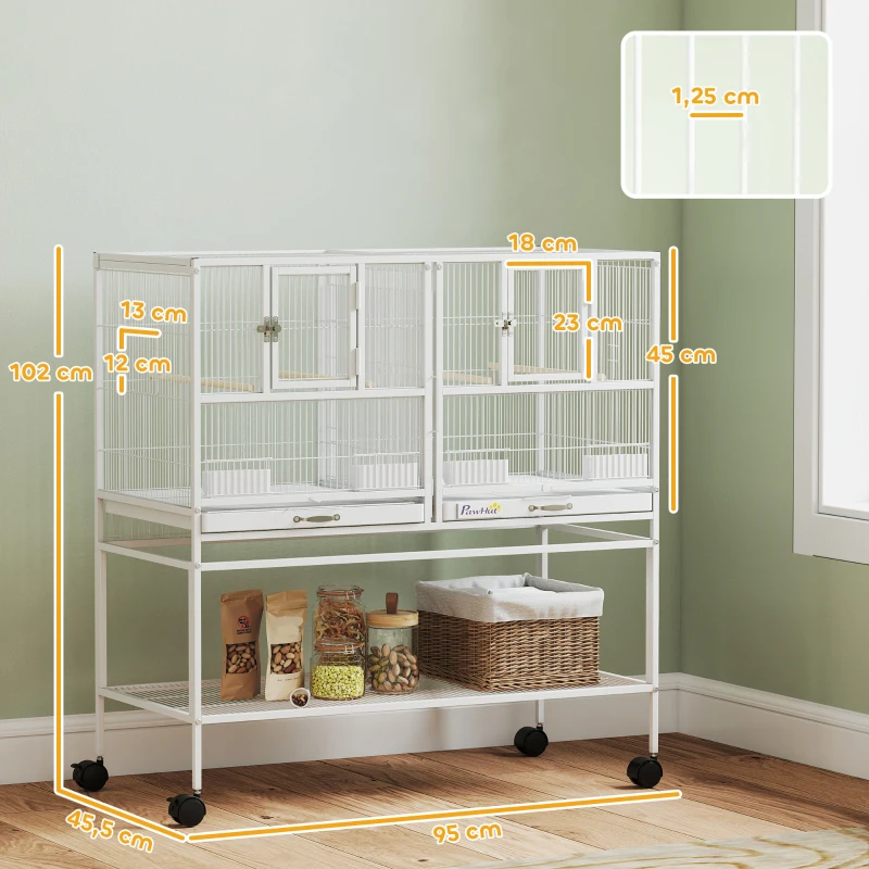 PawHut Jaula para Pájaros Grande con Divisor Ruedas 4 Comederos 4 Perchas Estante 2 Bandejas Extraíbles 95x45,5x102 cm Blanco