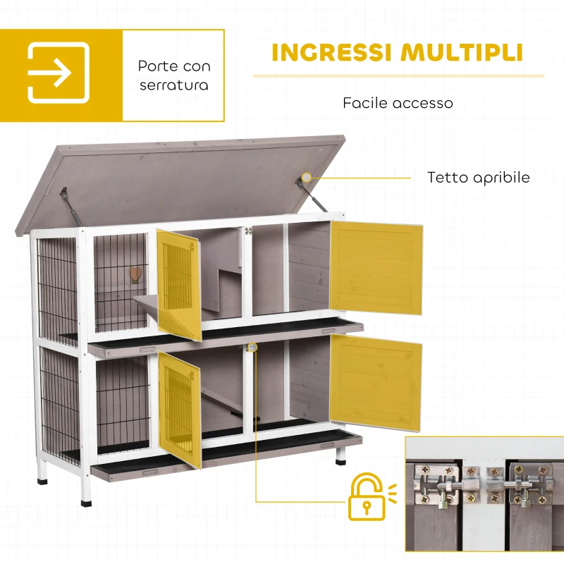 PawHut Conigliera in Legno a 2 livelli con Tetto Apribile, Mangiatoia e Vassoi Estraibili, 122x50x101 cm, Marrone