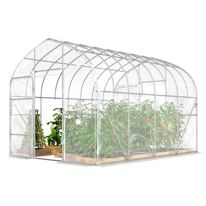 Outsunny Serre Tunnel de Jardin 12m² Film PO Anti-goutte Acier Galvanisé 25mm Structure Renforcée 2 Portes Battantes Transparent