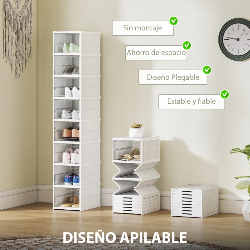 HOMCOM 8 Cajas para Zapatos Apilables y Plegable con Puertas Transparentes hasta Talla 43 No Requiere Montaje Blanco