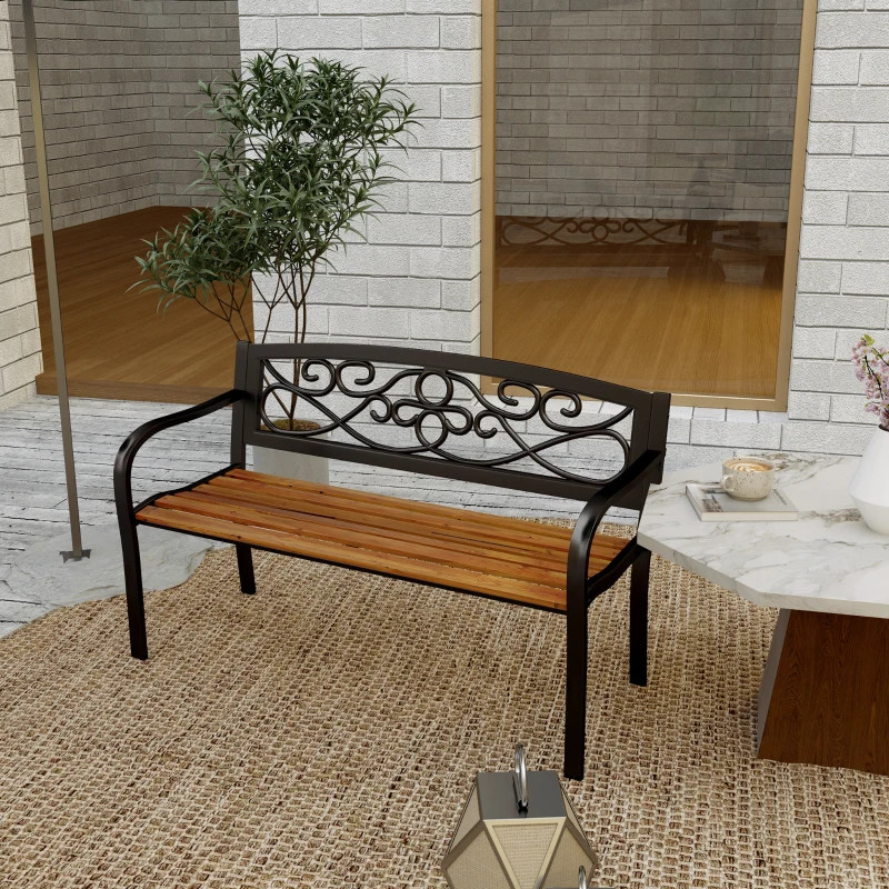Outsunny Banco de Jardín de 2 Plazas con Respaldo Forjado y Apoyabrazos Curvados de Diseño Elegante 127x56x80 cm Negro y Madera