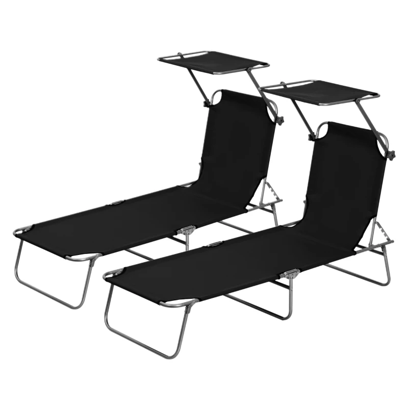 Outsunny 2 Pieces Outdoor Foldable Sun Lounger, 4 Level Adjustable Backrest Reclining Sun Lounger Chair with Angle Adjust Sun Shade Awning for Beach, Garden, Patio, Black