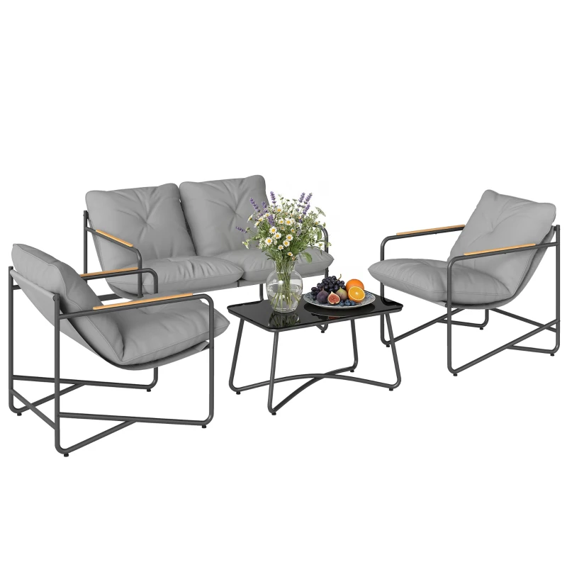Outsunny Salon de Jardin 4 Pièces Ensemble avec Canapé 2 Places, 2 Fauteuils et Table Basse Verre Trempé Coussins 13cm Gris Clair
