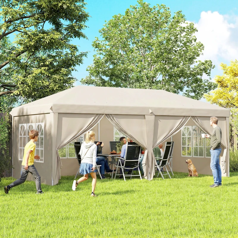 Outsunny Tonnelle de jardin exterieur 6x3m tonnelle pliante avec Parois Anti UV Hauteur Réglable avec Sac de Transport beige