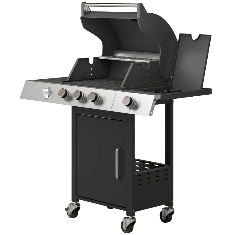 Outsunny Gasgrill 10,5 KW 3+1 Brenner BBQ Grillwagen Edelstahl inkl Seitenbrenner Flaschenöffner Thermometer Gusseisen-Grillrost