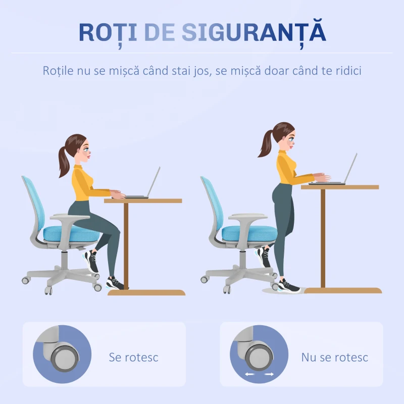 Vinsetto Scaun de Birou Ergonomic și Reclinabil Reglabil pe Înălțime, cu 5 roți, 55x48x82.5-94.5 cm, Albastru