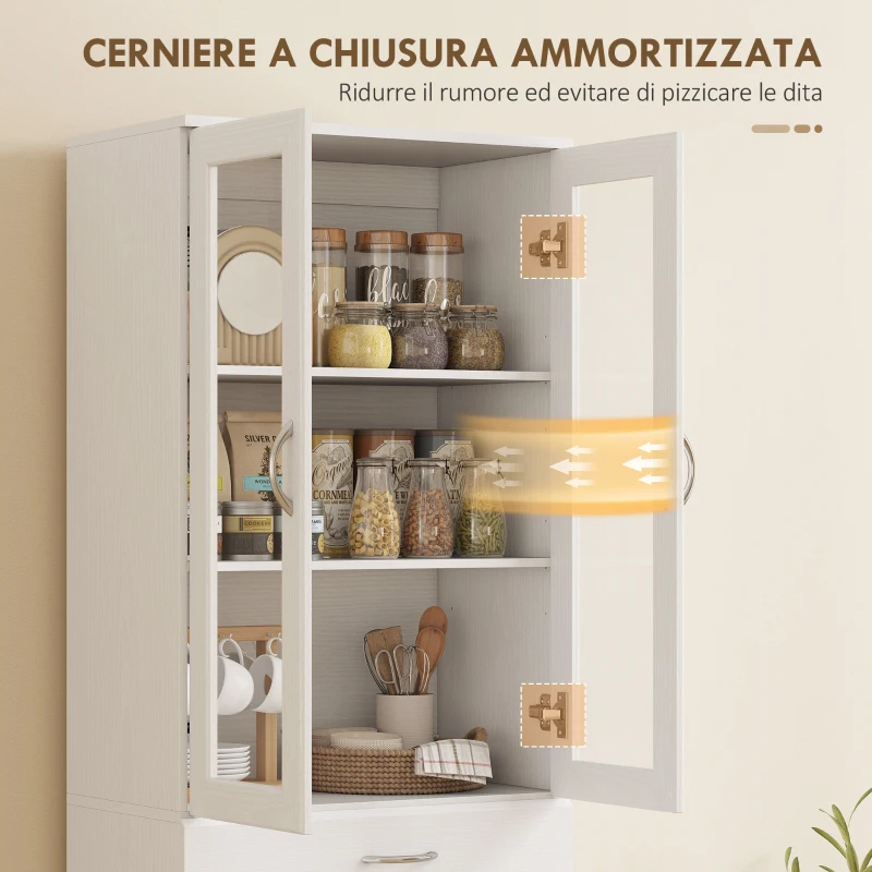 HOMCOM Credenza Cucina con 2 Armadietti e un Cassetto, Mensole Regolabili e Ante in Vetro, 60x35x180 cm, Bianco