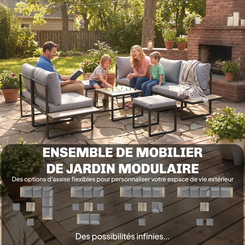 Outsunny Salon de jardin extérieur 6 personnes modulable table basse et plateaux latéraux en bois PSPC coussins épais 10cm gris