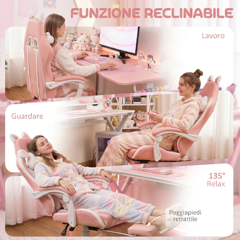HOMCOM Sedia da Gaming Ergonomica con Orecchie da Gatto, Poggiapiedi, Supporto Lombare e Cervicale, Rosa