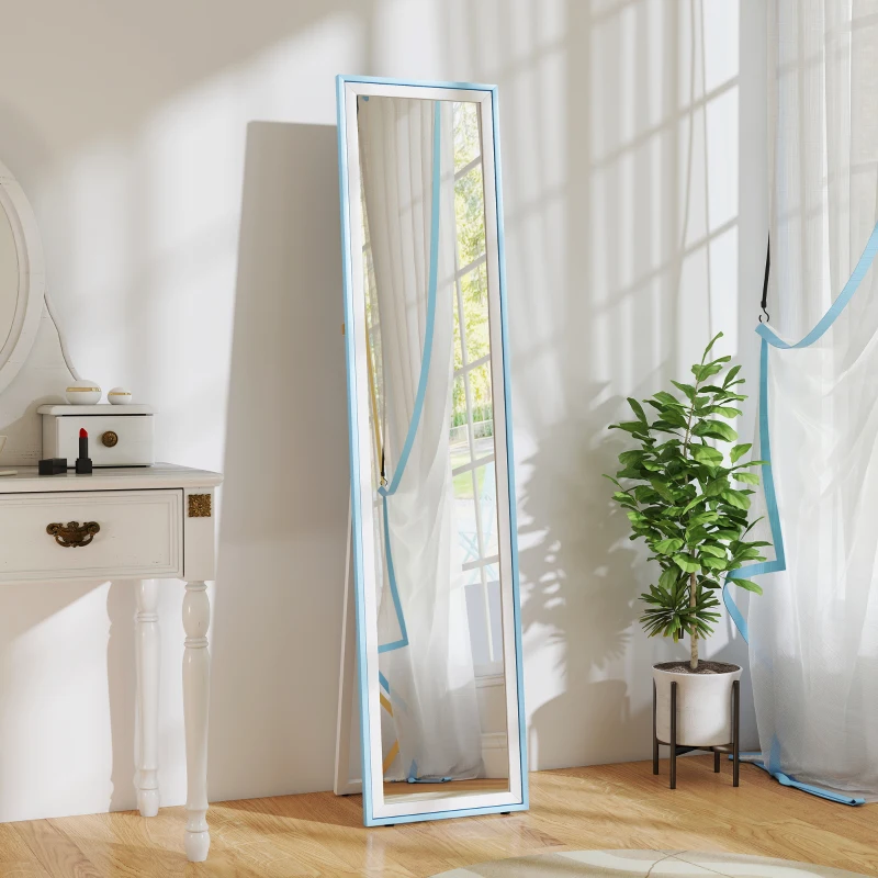 HOMCOM Espejo de Pie Cuerpo Entero con Marco de MDF Espejo de Pared Rectangular con 2 Formas de Uso 37x4x157 cm Blanco y Azul