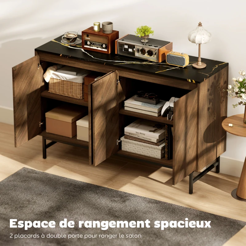 HOMCOM Meuble TV, meuble télé avec 4 portes, plateau effet marbre, étagères réglables, 120x39x76cm, noyer