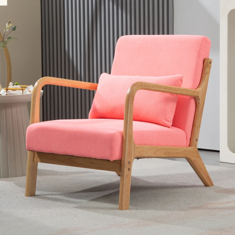 HOMCOM Butaca Nórdica Sillón de Salón Acolchado con Reposabrazos Cojín y Marco de Madera de Caucho 61x78x76 cm Rosa