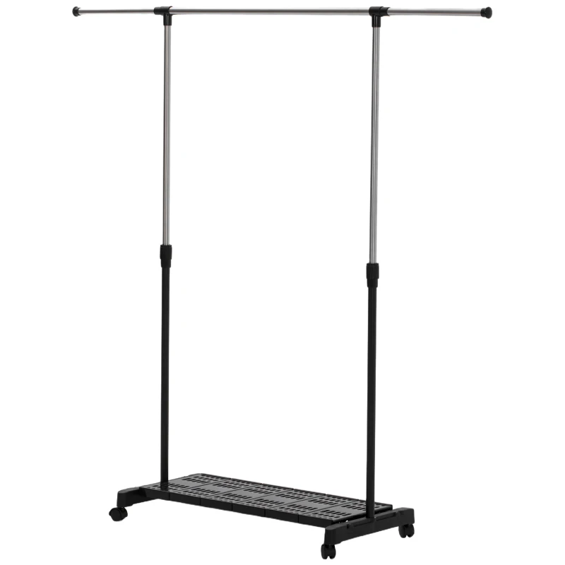 HOMCOM Tendedero Extensible con Ruedas con Barra de Acero Inoxidable y Estante para Zapatos 159x42x168 cm Negro y Plata