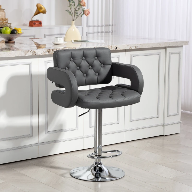 HOMCOM Sgabello da Bar Regolabile, Seduta Extra Large Girevole in Similpelle PU, Grigio