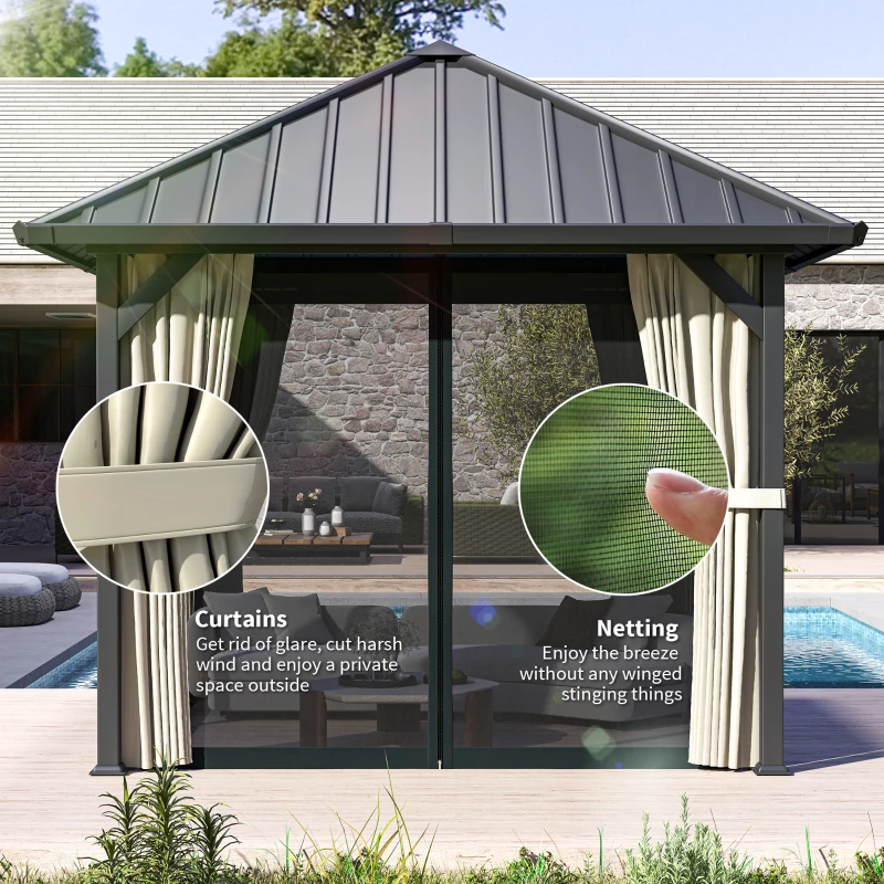Outsunny 3 x 3(m) Hardtop Gazebo with Galvanised Steel Roof and Water Gutter, Waterproof Permanent Pavilion Garden Gazebo with Netting and Curtains for Patio, Deck, Black