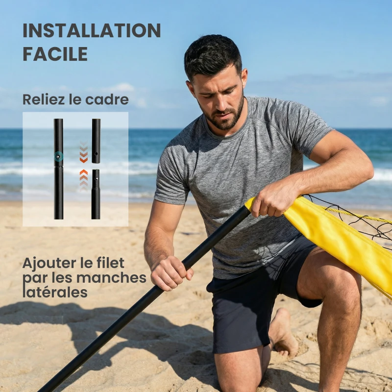 SPORTNOW Ensemble de Volley-Ball et Badminton, Poteaux en Acier Hauteur Réglable, Sac de transport, pour Pelouse Plage Jardin