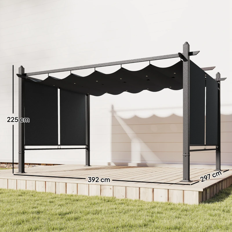 Outsunny Pérgola de Jardín 4x3 m con Cortinas Enrollables Automáticas y Techo Retráctil Cenador de Jardín con UPF50+ Gris Oscuro