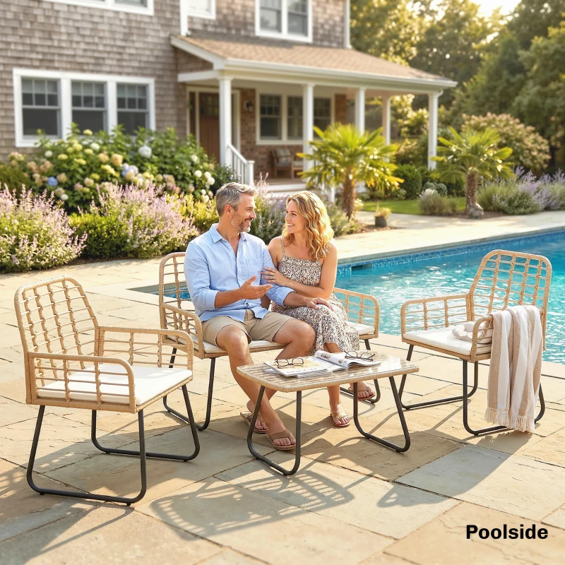 Outsunny 4 Piece Rattan Garden Furniture Set, Outdoor Patio Furniture with Loveseat, Armchairs and Coffee Table