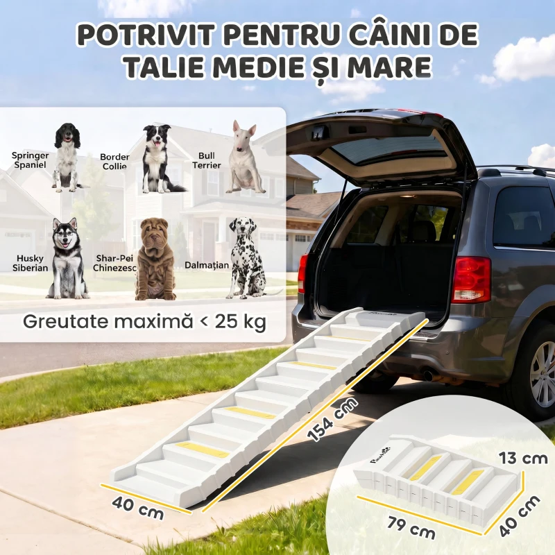 PawHut Rampă Pliabilă pentru Câini pentru Mașină și Paturi Înalte, cu 10 Trepte, Benzi și Covorașe Antiderapante, Albă