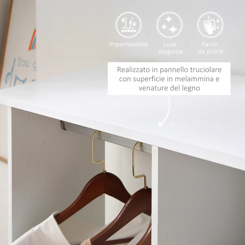 HOMCOM Armadio Guardaroba a Rotelle con 2 Barre e 3 Ripiani Aperti, in Legno e Alluminio, 120x40x128 cm, Bianco