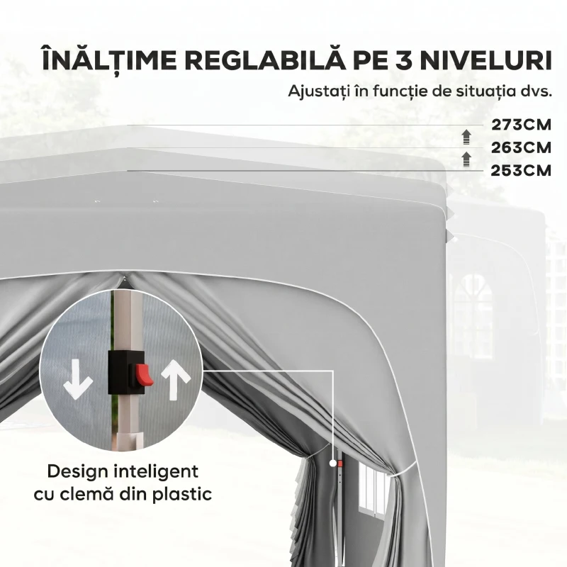 Outsunny Foișor de Grădină 3x3 m Pliabil cu Înălțime Reglabilă, Protecție UPF50+ și Geantă, Gri Deschis