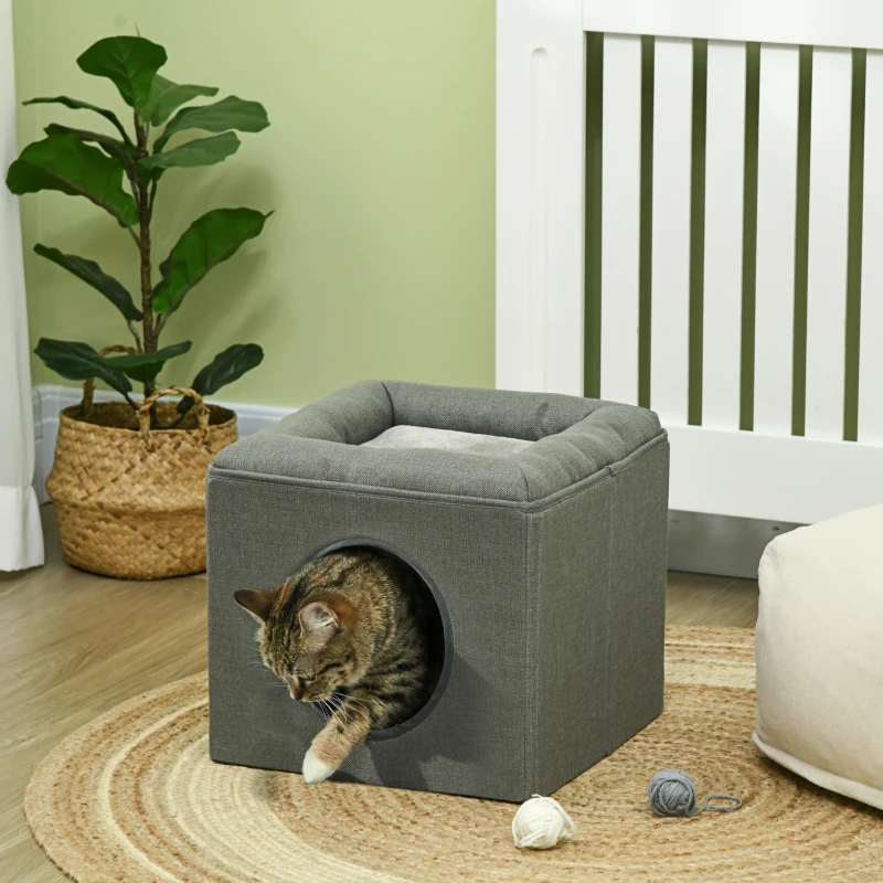 PawHut Casetta per Gatti a 2 Livelli con Cuscino in Peluche, in Legno, Poliestere e Plastica, 36.5x36.5x33 cm, Verde