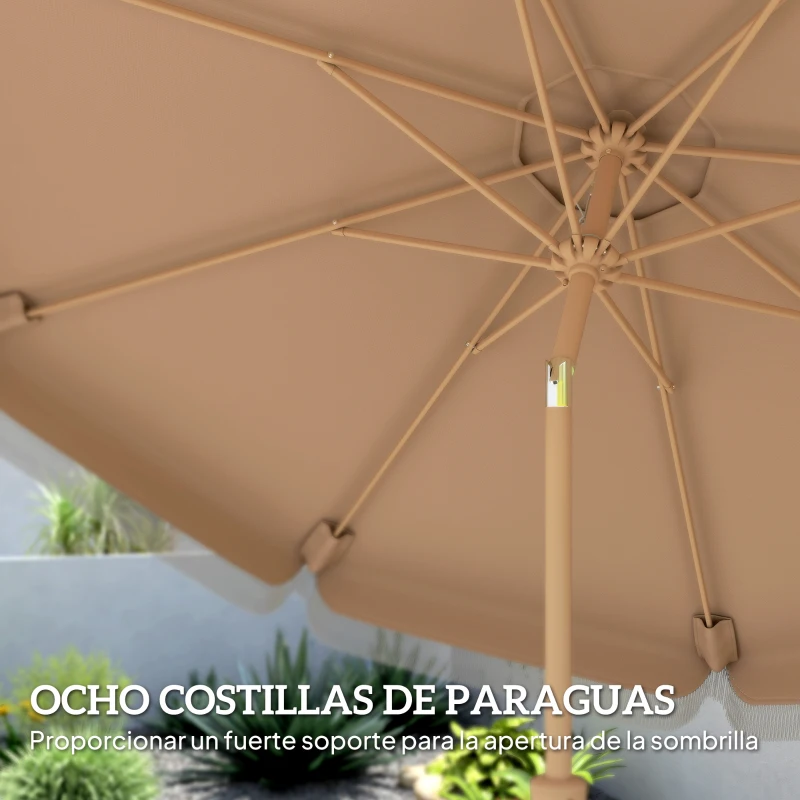 Outsunny Sombrilla de Jardín Ø266x238 cm con Ángulo Ajustable Manivela y Toldo con Flecos Decorativos para Patio Terraza Caqui