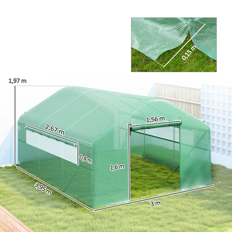 Outsunny Invernadero de Túnel 4x3x2 m con 2 Ventanas Cubierta de PE Anti-UV y 1 Puerta Enrollable con Cremallera Verde