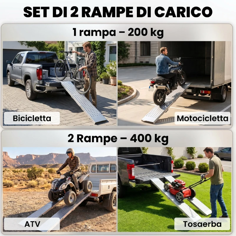 HOMCOM Set 2 Rampe di Carico Pieghevoli, 400 kg, per Moto/ATV/Rimorchio/Pick-up, 180 x 25.5 cm, Argento