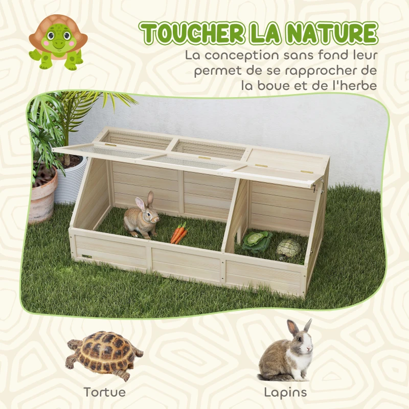 PawHut Maison enclos cage pour petit animal tortue en bois avec couvercle ouvrable, loquets, 2 espaces distincts, bois naturel