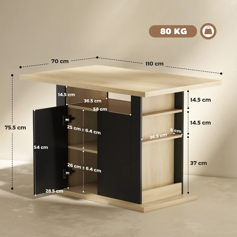 HOMCOM Kitchen Island with Spice Rack, Kitchen Storage with Large Tabletop for 4 People, Adjustable Shelves Black & Natural