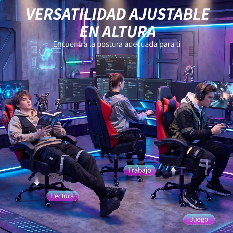 HOMCOM Silla Gamer con Lumbar Masaje Vibración Reclinable 155° Altura Ajustable Reposacabezas y Reposapiés Retráctil Rojo