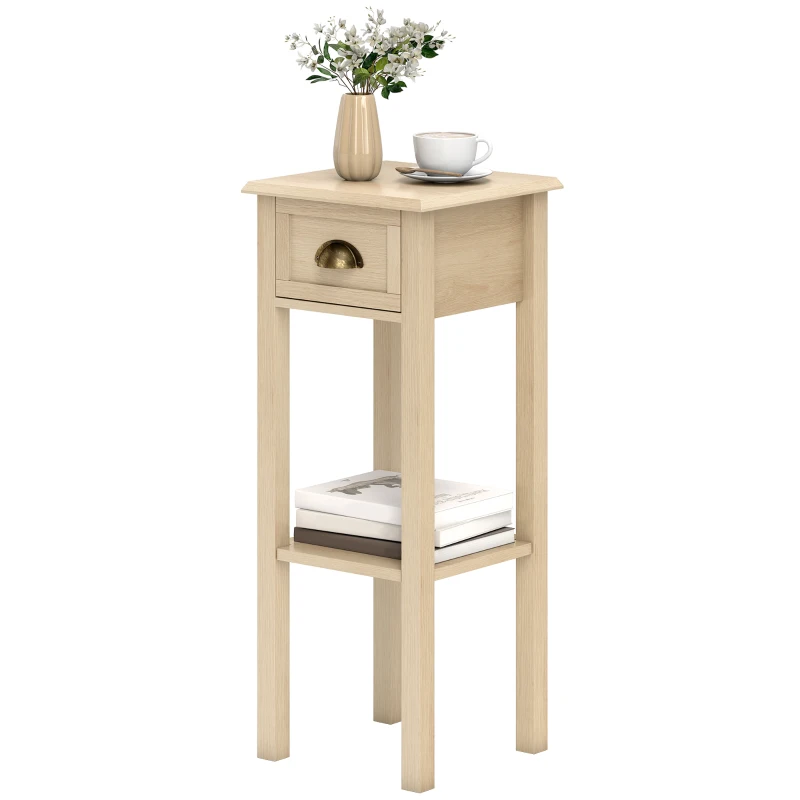HOMCOM Mesa Auxiliar Rústica Mesa Auxiliar para Sofá con Cajón y Estante para Salón Dormitorio 30x30x75 cm Madera Natural
