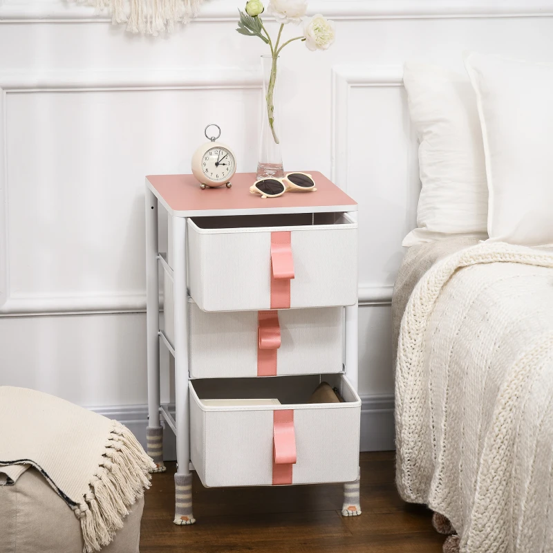 HOMCOM Bedroom Chest of Drawers, Cloth Organizer Unit with Fabric Drawers and Steel Frame, 3 Drawer Dresser, Pink