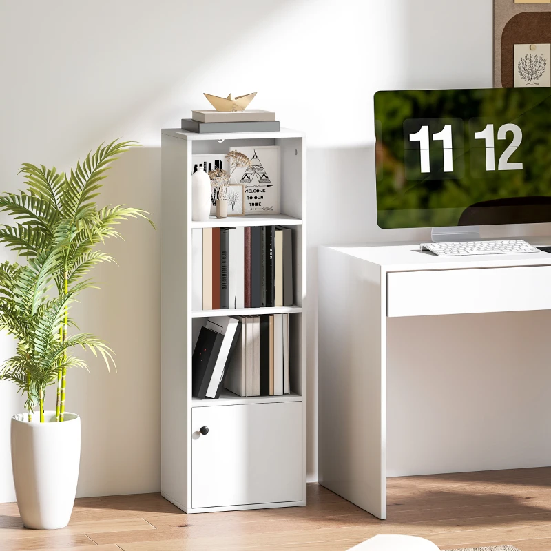 HOMCOM Librería de 4 Niveles Estantería para Libros Moderna con Estantes Abiertos y Puerta 40x30x120 cm Blanco