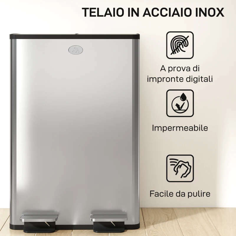 HOMCOM Pattumiera Differenziata 28L con 2 Scomparti a Chiusura Silenziosa, in Acciaio Inox e PP, 45.8x36x67.6 cm, Argento