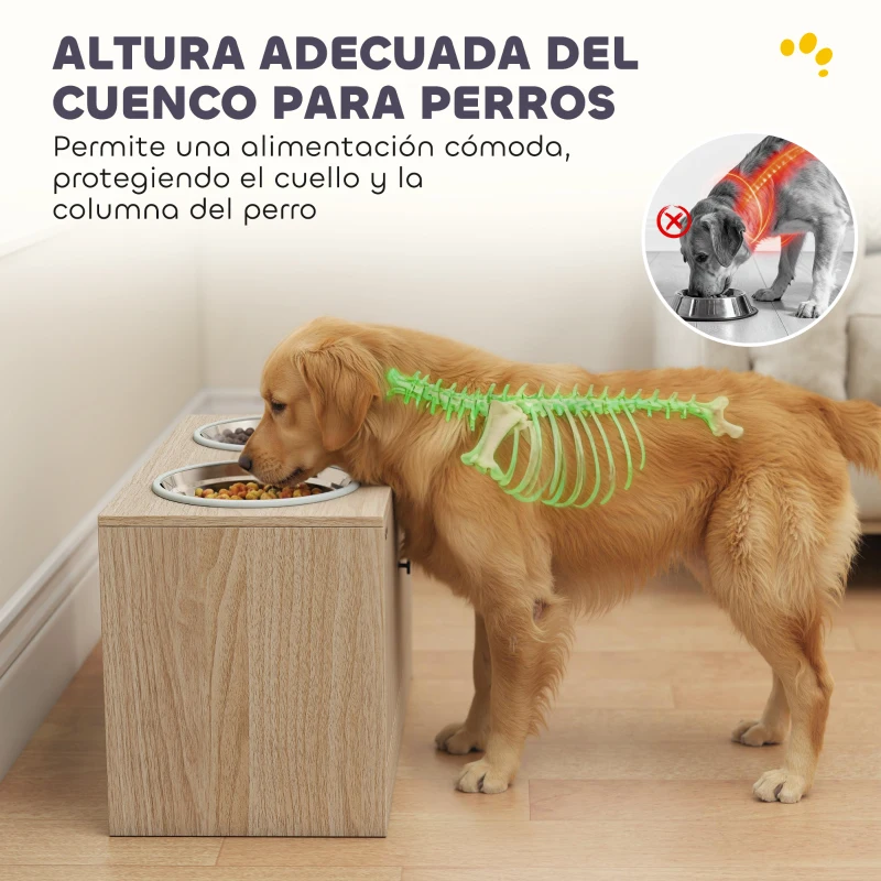 PawHut Comedero Perro Elevado con 2 Cuencos de Acero Inoxidable 2x2000 ml con Comedero Lento Almacenamiento Oculto Roble