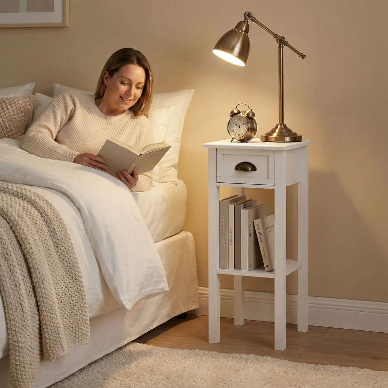 HOMCOM Mesa Auxiliar Moderna, Mesa Auxiliar para Sofá, con Cajón y Estante, Mesita de Noche para Salón, Dormitorio, 30x30x75 cm, Blanco
