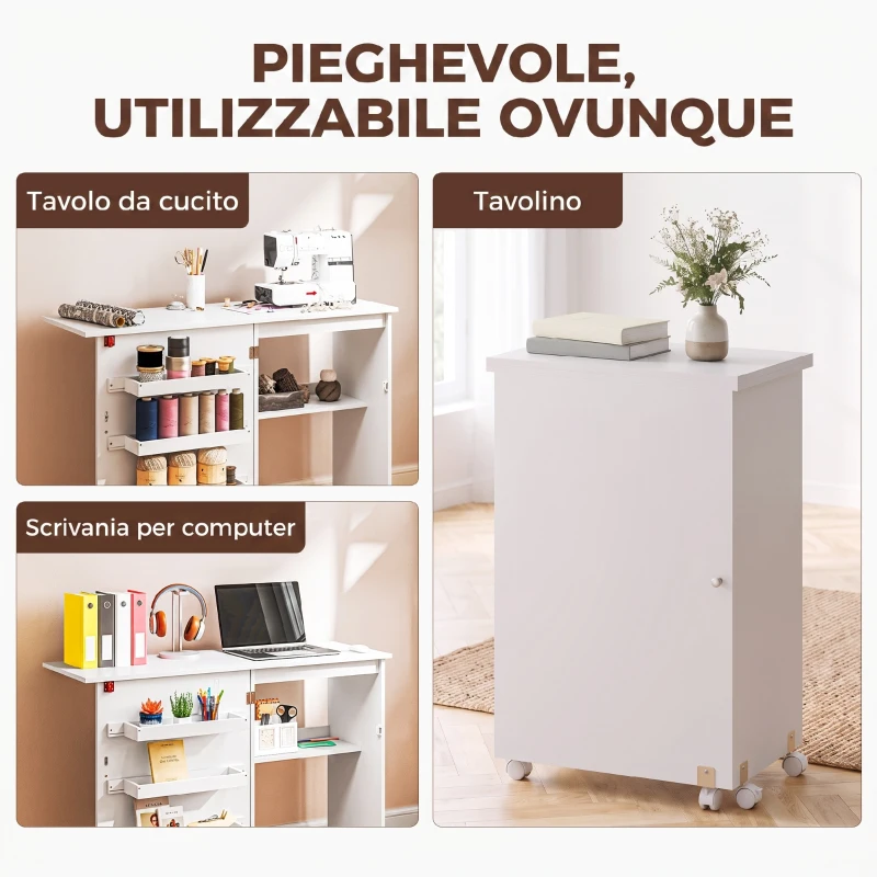HOMCOM Mobile per Macchina da Cucire Pieghevole con Piano Ampio, 3 Contenitori, Mensola Inferiore, Ruote, Bianco