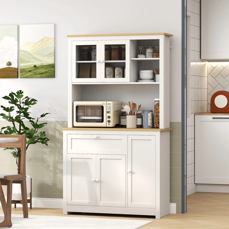 HOMCOM Küchenschrank im Landhausstil, 1 Vitrine, 1 offenes Regal, 1 Schublade, 2 Schränke, Natur + Weiß(m-10)