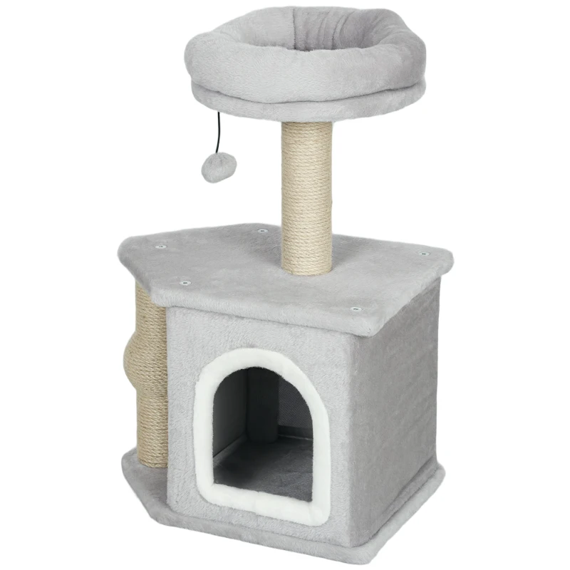PawHut Arbre à chat tour de jeux pour chats, avec poteaux à griffer lit pour chat maison pour chat 42 x 30 x 66 cm gris clair