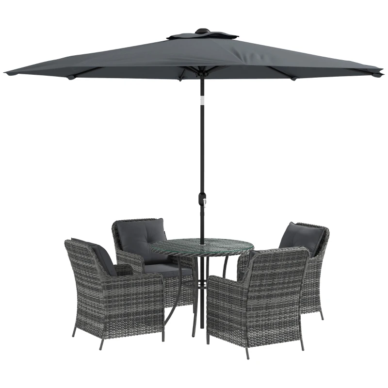 Outsunny 4 Seater Rattan Dining Set with Parasol & Cushions - Mixed Grey