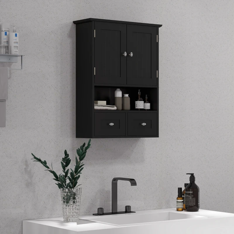 kleankin Armario de Baño de Pared Armario Colgante Mueble Suspendido de Baño con 2 Puertas y 2 Cajones 50,8x17,8x66 cm Negro