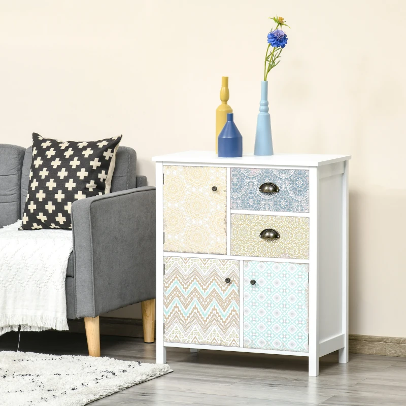 HOMCOM Cómoda para Dormitorio Bohemio con 2 Cajones 3 Compartimentos Diseño Anti-vuelco 68x34x80 cm Blanco