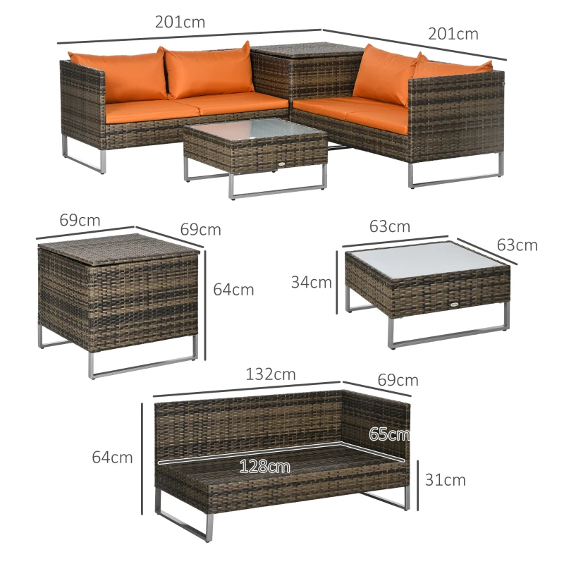 Outsunny 4 Piece Rattan Garden Furniture Set, Outdoor Corner Sofa Set with Storage Table, Loveseats, Cushions - Orange