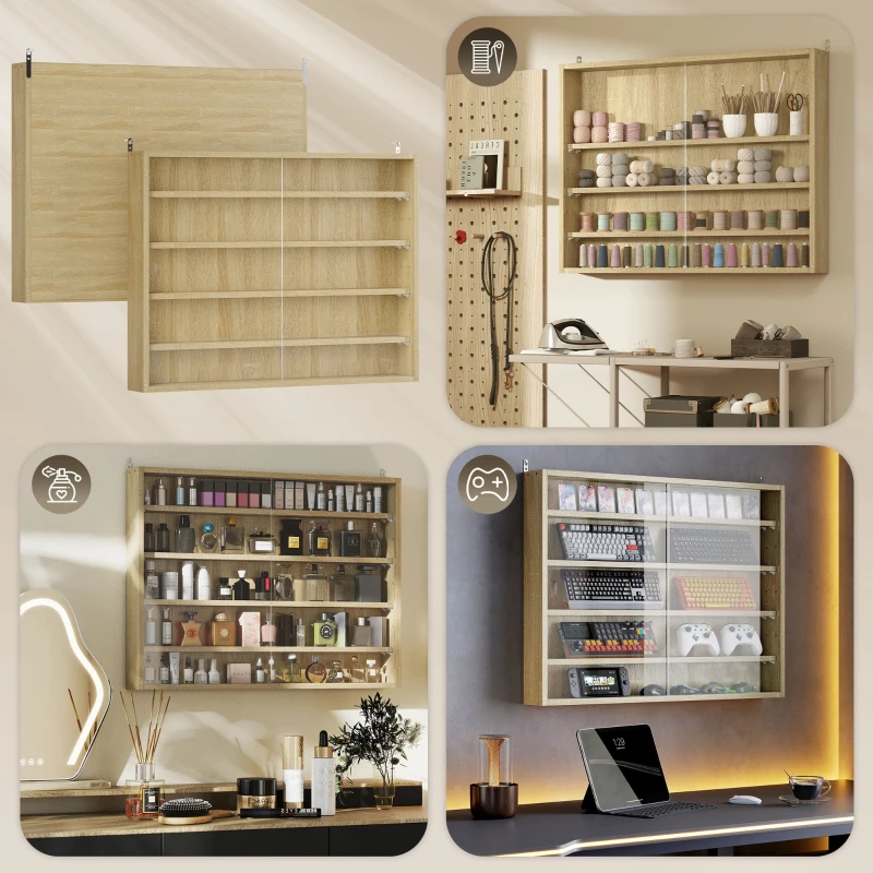 HOMCOM Vitrina de Pared de Madera con Estantes Ajustables y 2 Puertas Correderas de Cristal 80x9,5x60 cm Roble