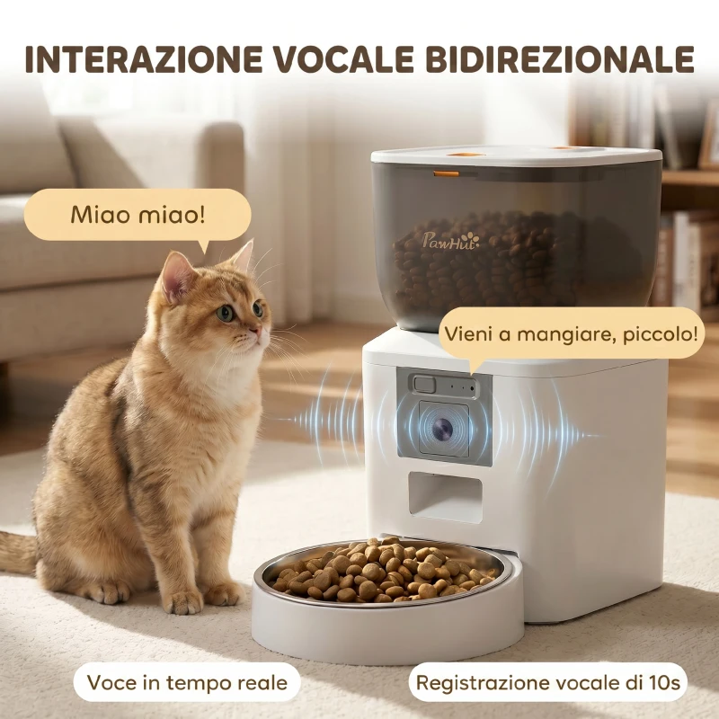 PawHut Distributore Automatico Cibo Gatti e Cani 4L WiFi 2.4G, App Controllo con Telecamera, Ciotola, Bianco