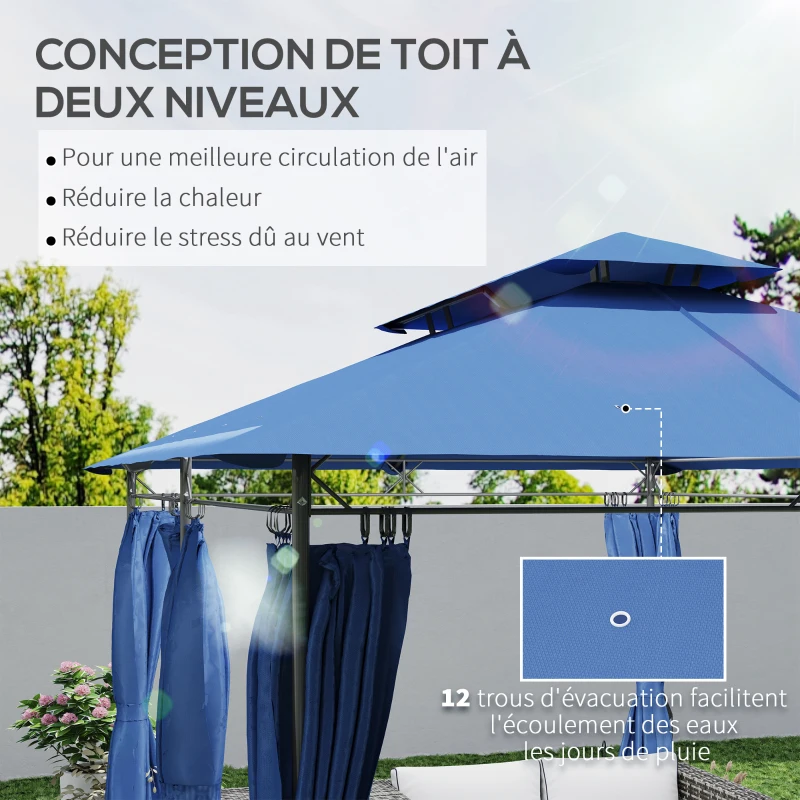 Outsunny Tonnelle de jardin 3 x 4 m tente de réception avec 6 rideaux amovibles à double toit pour patio, festival, bleu foncé