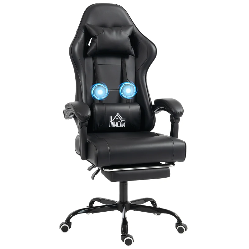 HOMCOM Chaise gaming ergonomique, fauteuil gamer avec support lombaire massant, dossier inclinable, hauteur réglable, noir