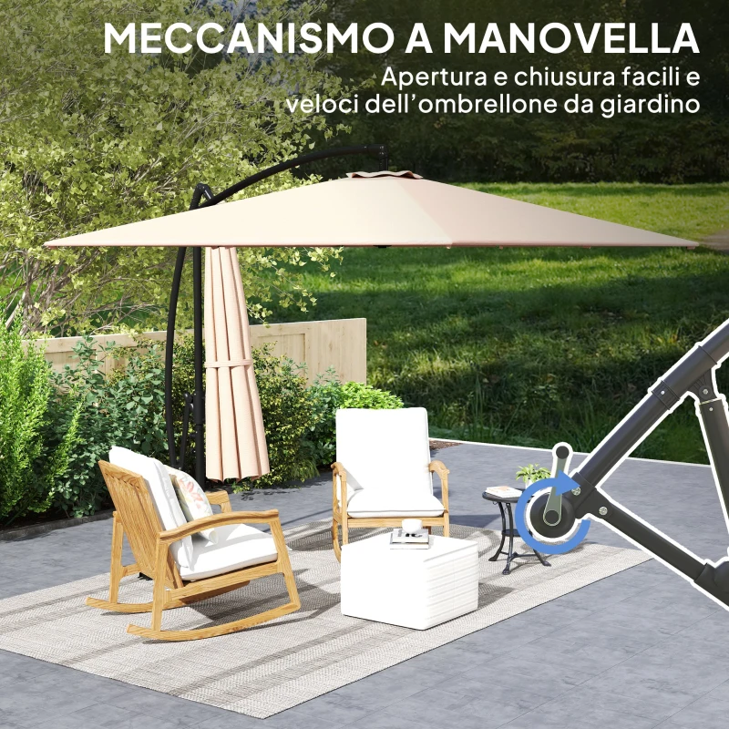 Outsunny Ombrellone Decentrato 2.5x2.5 m con Base a Croce e Manovella, in Metallo e Poliestere, Cachi